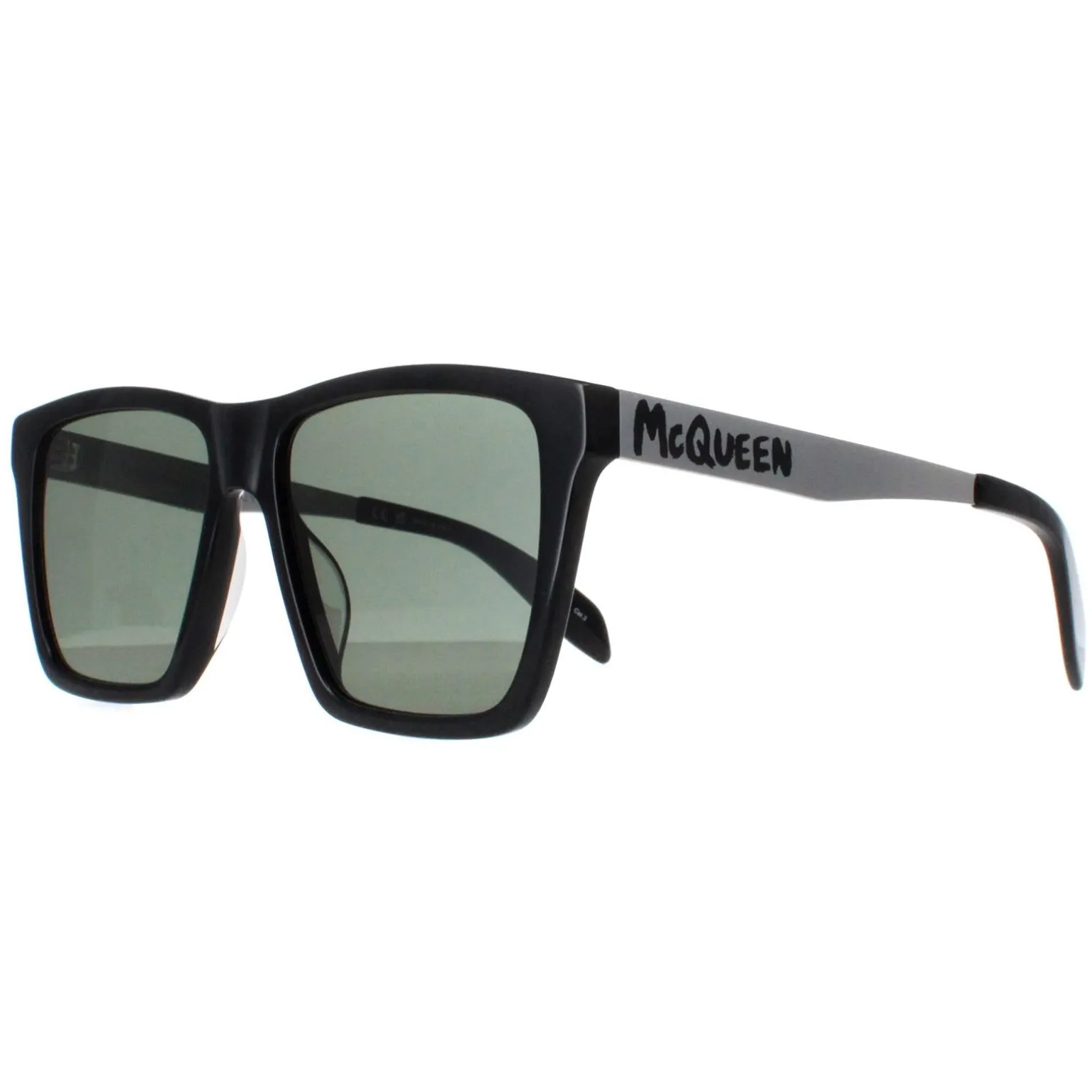 Alexander McQueen Sunglasses AM0352S 002 Shiny Black and Silver Green