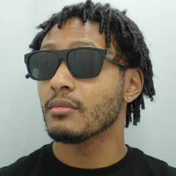 Gucci Sunglasses GG0341S 002 Black with Green and Red Stripe Grey Pola
