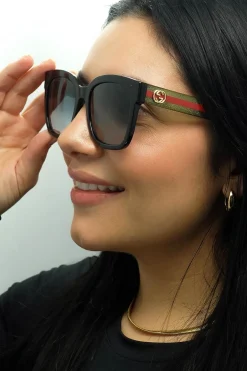 Gucci Sunglasses GG0034SN 002 Black With Green and Red Glitter Grey Gr