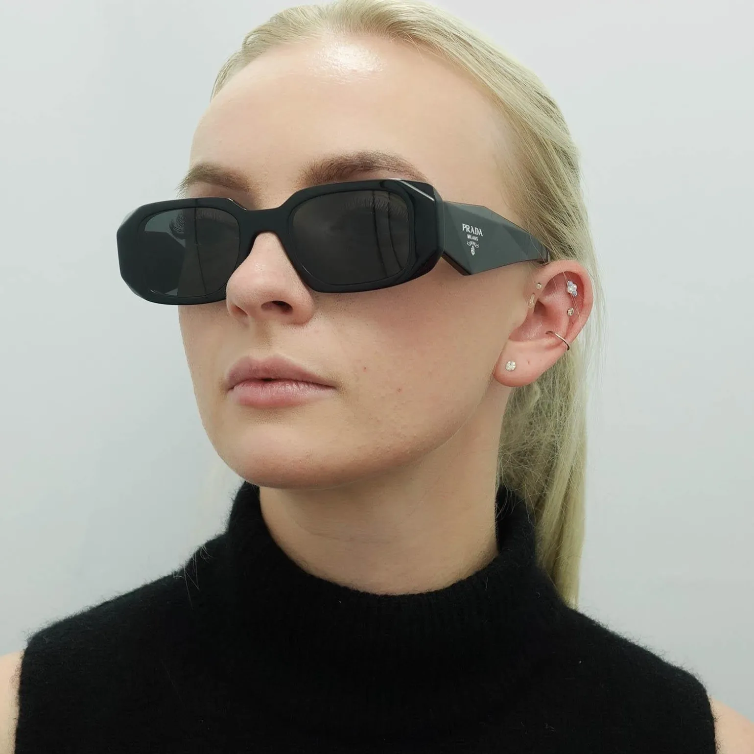 Prada Symbole Sunglasses - Women Luxury Rectangle PR17WS 1AB5S0 - Blac