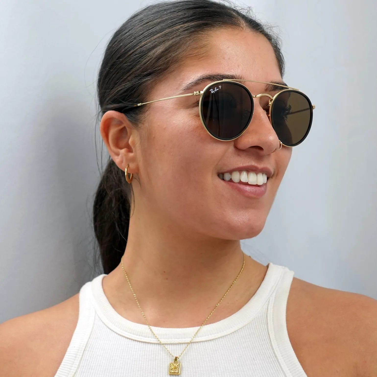 Ray-Ban Sunglasses Round Double Bridge 3647N 001/57 Gold Brown B-15 Po