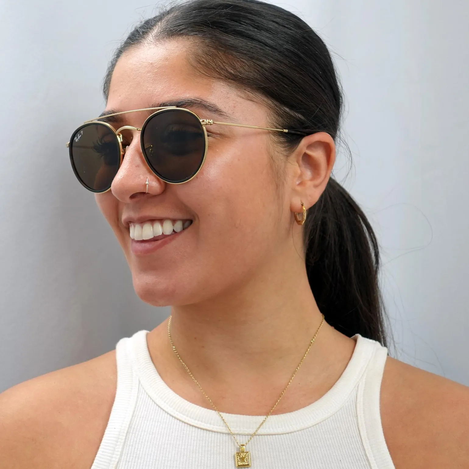 Ray-Ban Sunglasses Round Double Bridge 3647N 001/57 Gold Brown B-15 Po