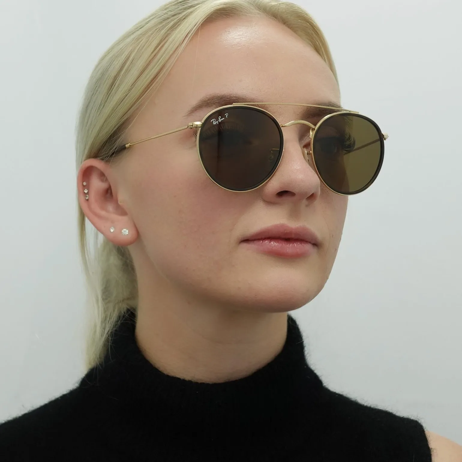 Ray-Ban Sunglasses Round Double Bridge 3647N 001/57 Gold Brown B-15 Po